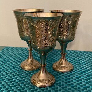 vintage etched detail goblet chalice metal wine glass 6" x 3.25" cup